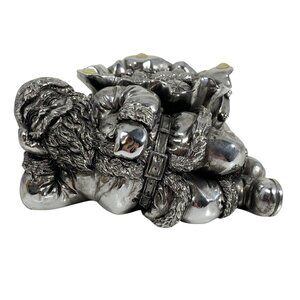 Silver-Tone Intricate Lounging Santa Claus Toy Sack Figurine Paperweight Holiday